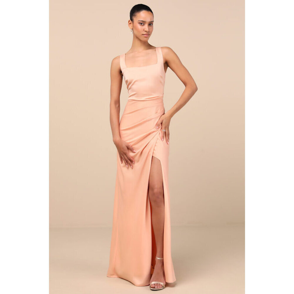 Lulus Red Carpet Romance Peach Satin Square Neck Maxi Dress Pink - Size L